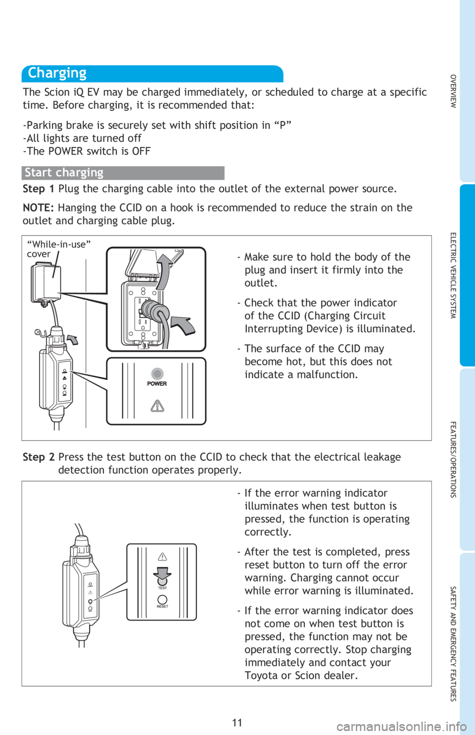 TOYOTA iQ EV 2013   (in English) User Guide OVERVIEWELECTRIC VEHICLE SYSTEM FEATURES/OPERATIONS
SAFETY AND EMERGENCY FEATURES
11
Charging connector
Latch release button
CCID (Charging Circuit Interrupting Device)
Plug
Power indicator
Error warn