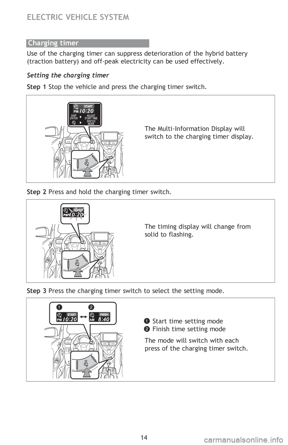 TOYOTA iQ EV 2013   (in English) User Guide 14
ELECTRIC VEHICLE SYSTEM
Use of the charging timer can suppress deterioration of the hybrid battery 
(traction battery) and off-peak electricity can be used effectively.
Setting the charging timer
S