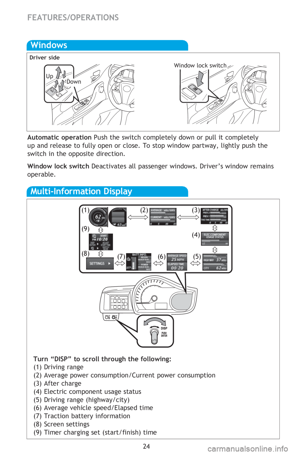 TOYOTA iQ EV 2013   (in English) Owners Manual Hold wheel, push lever down, set angle and return lever.
NOTE: Do not attempt to adjust while the vehicle is in motion.
Tilt steering wheel
Seat heaters
Light control-Instrument panel
24
FEATURES/OPER