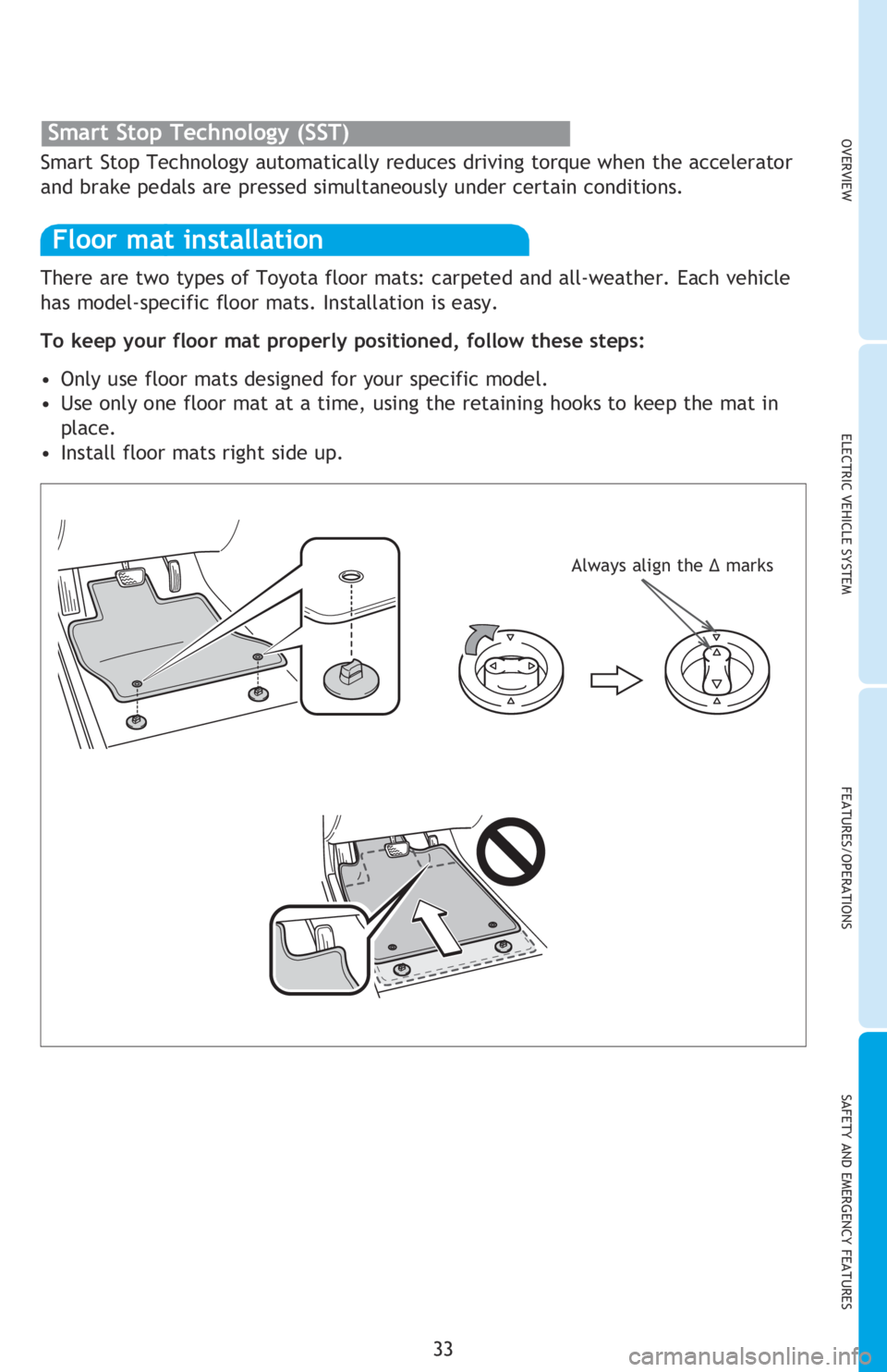 TOYOTA iQ EV 2013 Owners Manual (in English) 33
OVERVIEWELECTRIC VEHICLE SYSTEM FEATURES/OPERATIONS
SAFETY AND EMERGENCY FEATURES
There are two types of Toyota floor mats: carpeted and all-weather. Each vehicle
has model-specific floor mats. In TOYOTA iQ EV 2013 Owners Manual (in English) 33
OVERVIEWELECTRIC VEHICLE SYSTEM FEATURES/OPERATIONS
SAFETY AND EMERGENCY FEATURES
There are two types of Toyota floor mats: carpeted and all-weather. Each vehicle
has model-specific floor mats. In