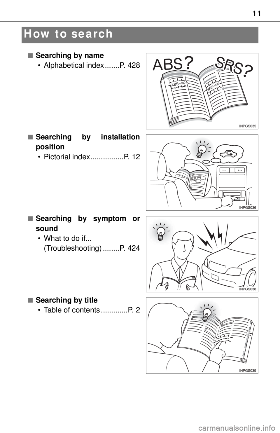 TOYOTA iQ EV 2013 (in English) User Guide 11
How to search
■Searching by name• Alphabetical index .......P. 428
■Searching by installation
position• Pictorial index ................P. 12
■Searching by symptom or
sound• What to do TOYOTA iQ EV 2013 (in English) User Guide 11
How to search
■Searching by name• Alphabetical index .......P. 428
■Searching by installation
position• Pictorial index ................P. 12
■Searching by symptom or
sound• What to do