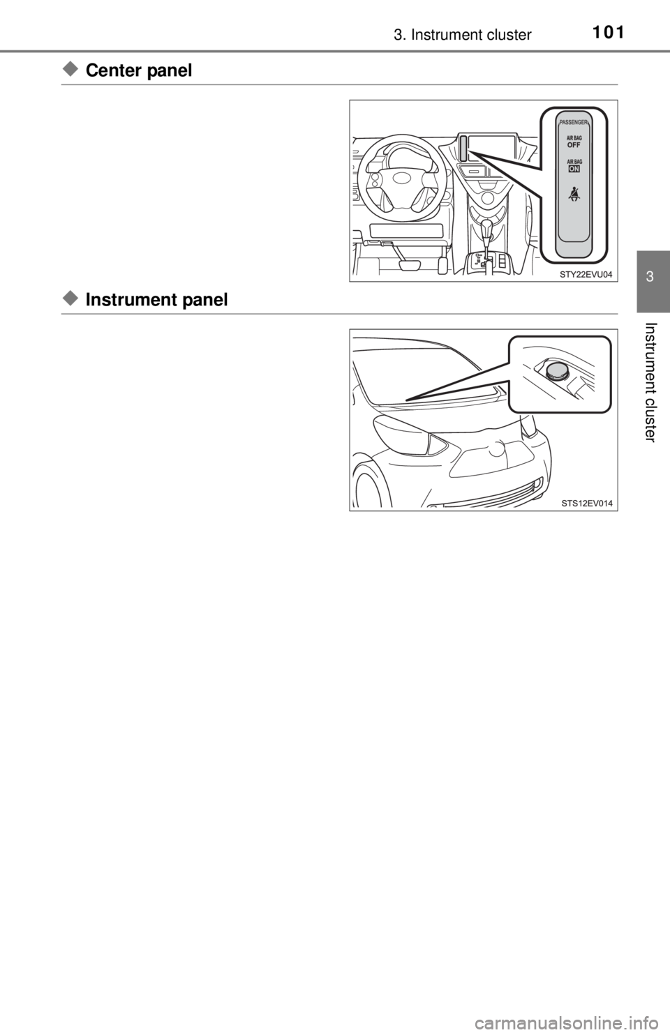 TOYOTA iQ EV 2013  Owners Manual (in English) 1013. Instrument cluster
3
Instrument cluster
◆Center panel
◆Instrument panel 