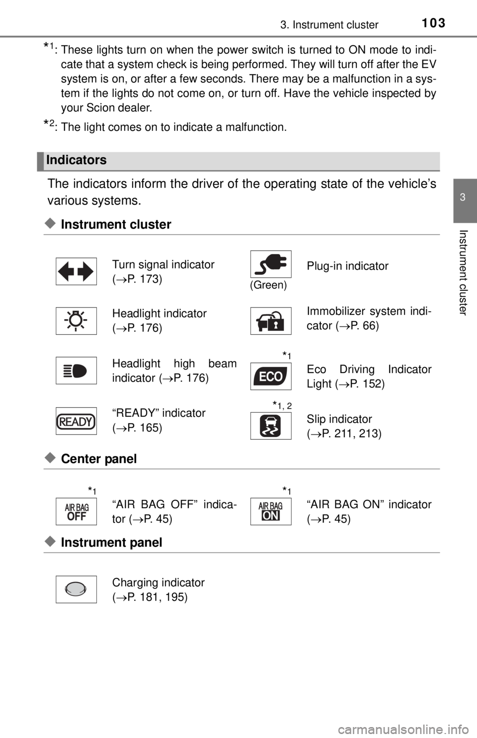 TOYOTA iQ EV 2013  Owners Manual (in English) 1033. Instrument cluster
3
Instrument cluster
*1: These lights turn on when the power switch is turned to ON mode to indi-cate that a system check is being performed. They will turn off after the EV
s