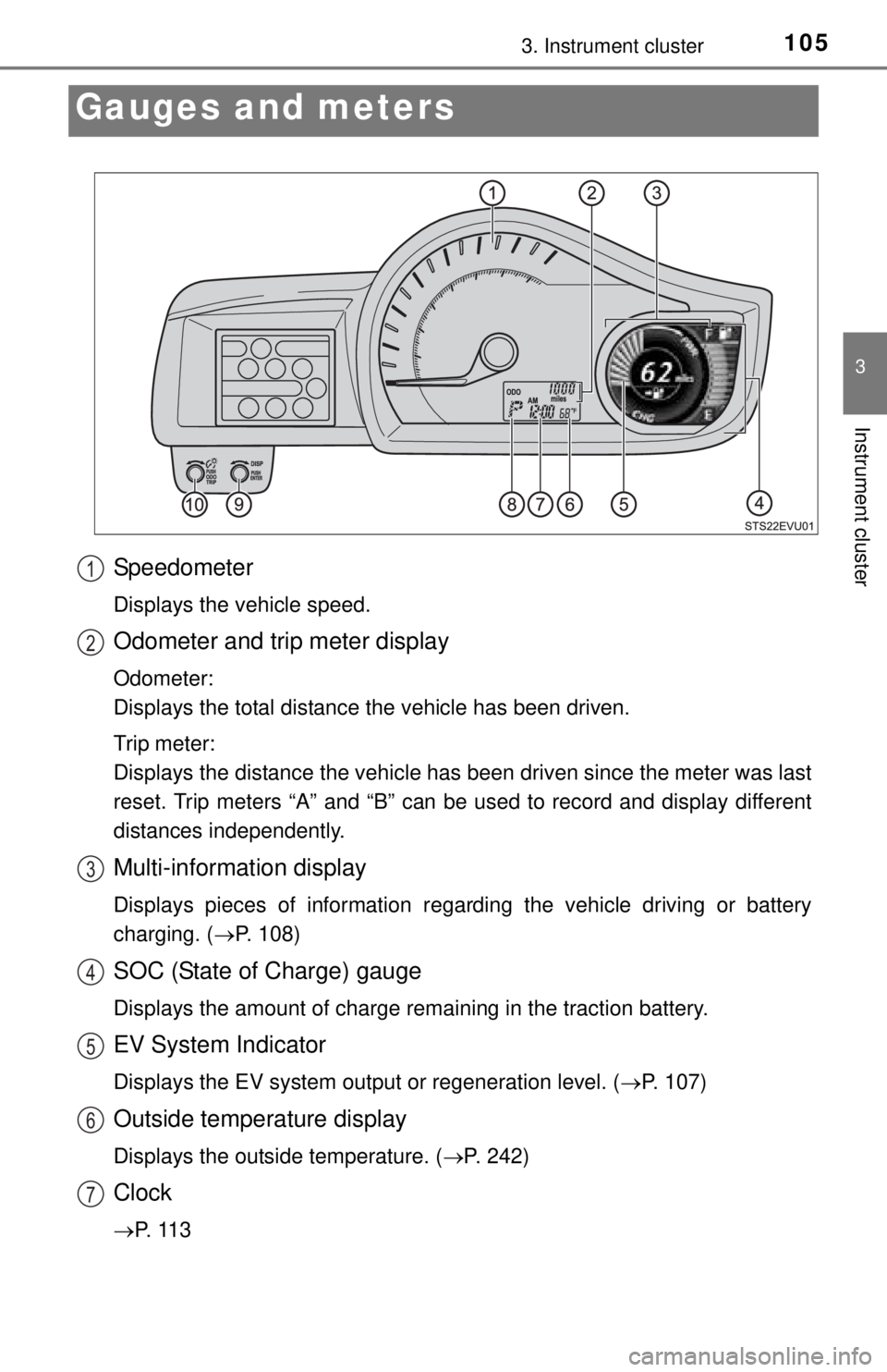 TOYOTA iQ EV 2013  Owners Manual (in English) 1053. Instrument cluster
3
Instrument cluster
Gauges and meters
Speedometer
Displays the vehicle speed.
Odometer and trip meter display
Odometer: 
Displays the total distance the vehicle has been driv