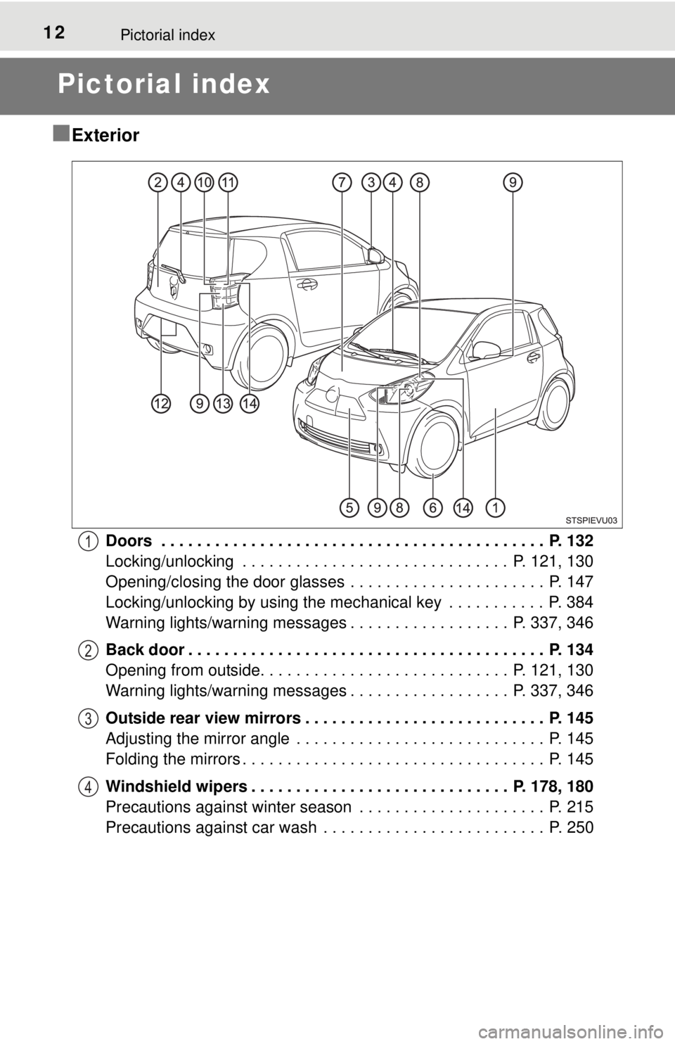 TOYOTA iQ EV 2013 (in English) User Guide 12Pictorial index
Pictorial index
■Exterior
Doors . . . . . . . . . . . . . . . . . . . . . . . . . . . . . . . . . . . . . . . . . . . P. 132
Locking/unlocking . . . . . . . . . . . . . . . . . TOYOTA iQ EV 2013 (in English) User Guide 12Pictorial index
Pictorial index
■Exterior
Doors . . . . . . . . . . . . . . . . . . . . . . . . . . . . . . . . . . . . . . . . . . . P. 132
Locking/unlocking . . . . . . . . . . . . . . . . .