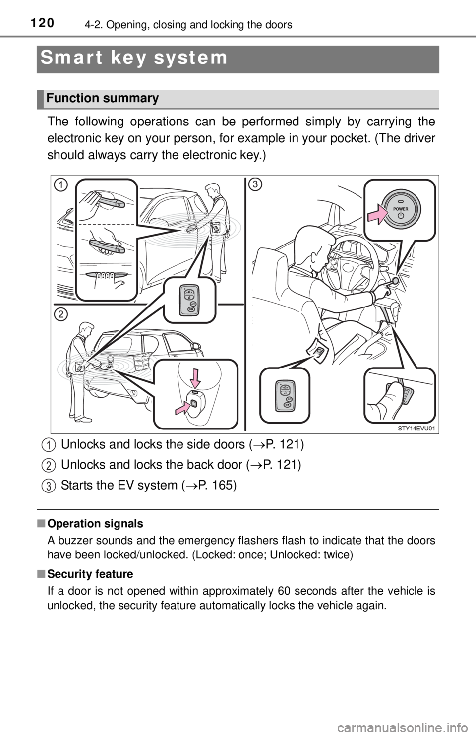 TOYOTA iQ EV 2013  Owners Manual (in English) 1204-2. Opening, closing and locking the doors
Smar t key system
The following operations can be performed simply by carrying the
electronic key on your person, for example in your pocket. (The driver