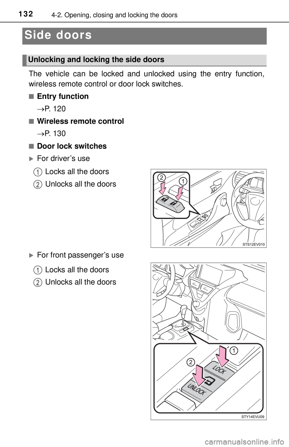 TOYOTA iQ EV 2013  Owners Manual (in English) 1324-2. Opening, closing and locking the doors
Side doors
The vehicle can be locked and unlocked using the entry function,
wireless remote control or door lock switches.
■Entry function
 P.  1 2 