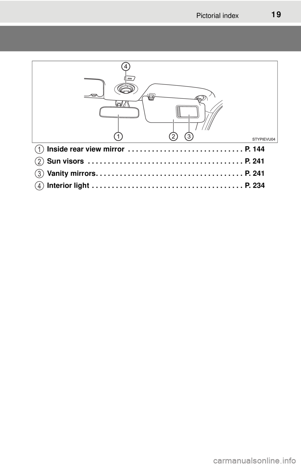 TOYOTA iQ EV 2013 (in English) User Guide 19Pictorial index
Inside rear view mirror . . . . . . . . . . . . . . . . . . . . . . . . . . . . . P. 144
Sun visors . . . . . . . . . . . . . . . . . . . . . . . . . . . . . . . . . . . . . . . TOYOTA iQ EV 2013 (in English) User Guide 19Pictorial index
Inside rear view mirror . . . . . . . . . . . . . . . . . . . . . . . . . . . . . P. 144
Sun visors . . . . . . . . . . . . . . . . . . . . . . . . . . . . . . . . . . . . . . .