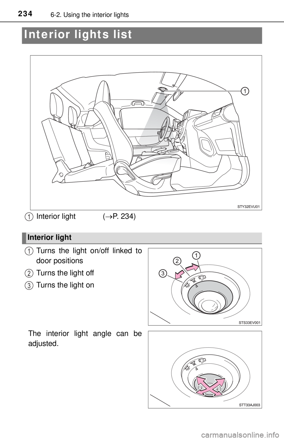 TOYOTA iQ EV 2013  Owners Manual (in English) 2346-2. Using the interior lights
Interior lights list
Turns the light on/off linked to
door positions
Turns the light off
Turns the light on
The interior light angle can be
adjusted.
Interior light  