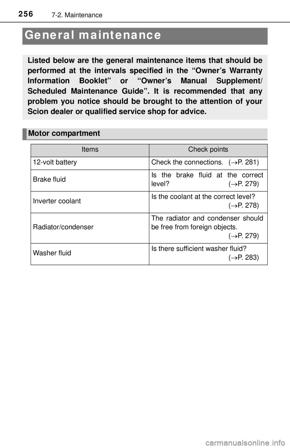 TOYOTA iQ EV 2013  Owners Manual (in English) 2567-2. Maintenance
General maintenance
Listed below are the general maintenance items that should be
performed at the intervals specified in the “Owner’s Warranty
Information Booklet” or “Own TOYOTA iQ EV 2013  Owners Manual (in English) 2567-2. Maintenance
General maintenance
Listed below are the general maintenance items that should be
performed at the intervals specified in the “Owner’s Warranty
Information Booklet” or “Own