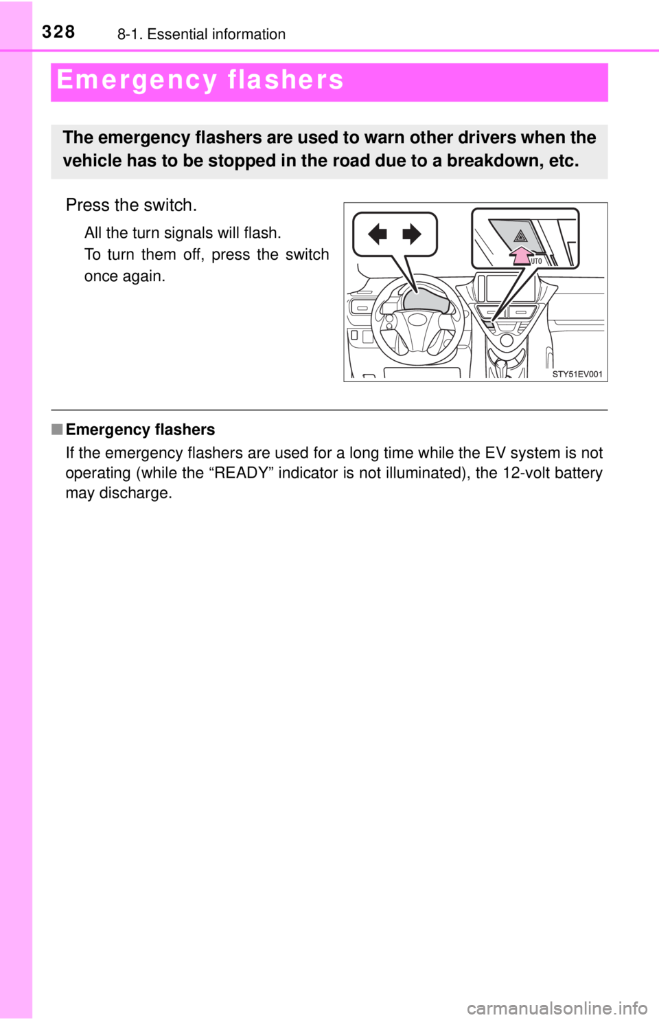 TOYOTA iQ EV 2013  Owners Manual (in English) 3288-1. Essential information
Emergency flashers
Press the switch.
All the turn signals will flash.
To turn them off, press the switch
once again.
■Emergency flashers
If the emergency flashers are u