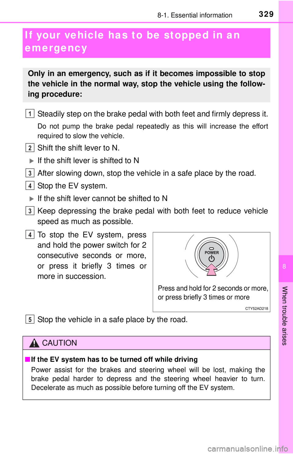 TOYOTA iQ EV 2013 Owners Manual (in English) 329
8
When trouble arises
8-1. Essential information
If your vehicle has to be stopped in an
emergency
Steadily step on the brake pedal wi th both feet and firmly depress it.
Do not pump the brake pe TOYOTA iQ EV 2013 Owners Manual (in English) 329
8
When trouble arises
8-1. Essential information
If your vehicle has to be stopped in an
emergency
Steadily step on the brake pedal wi th both feet and firmly depress it.
Do not pump the brake pe