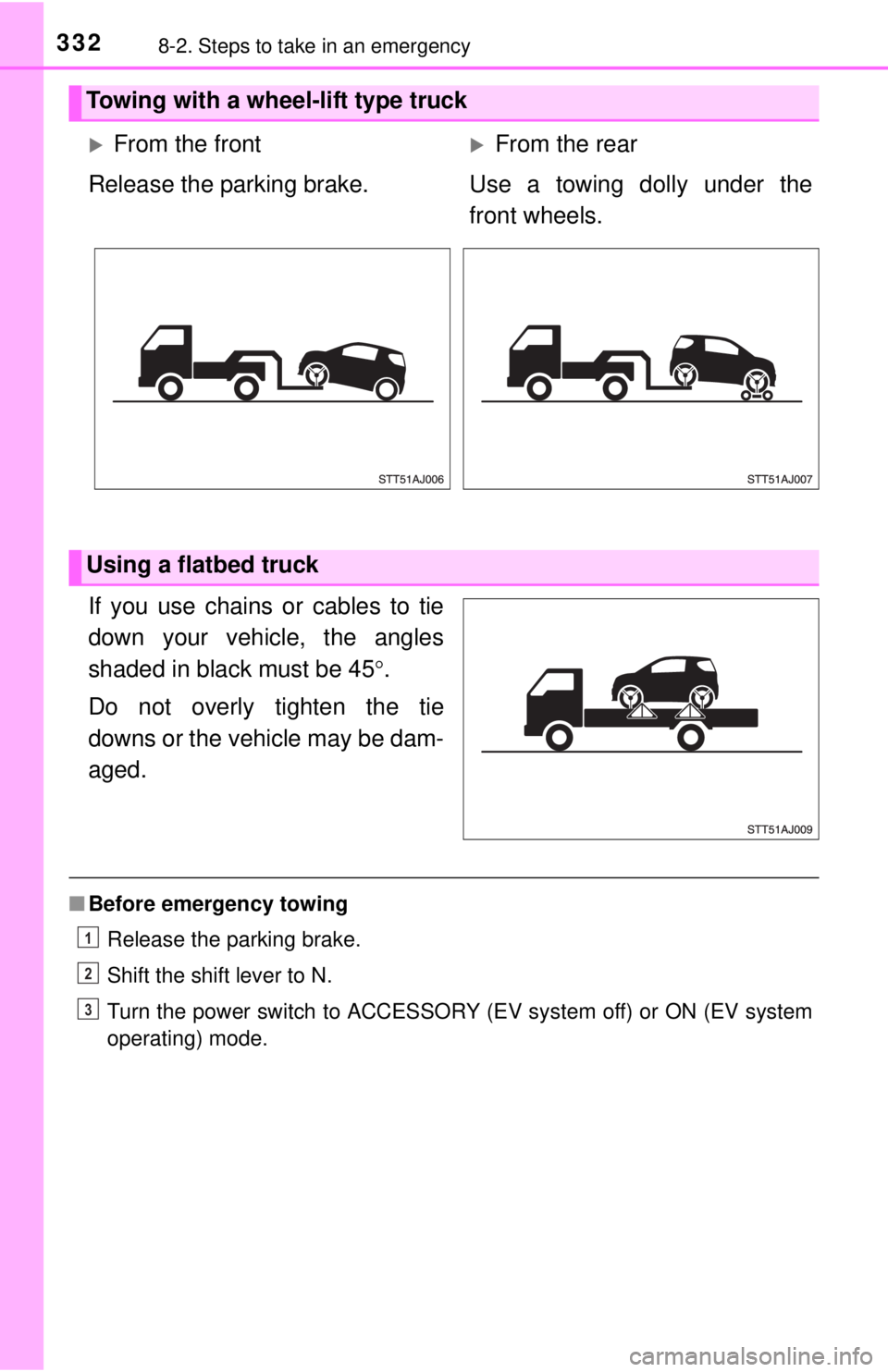 TOYOTA iQ EV 2013  Owners Manual (in English) 3328-2. Steps to take in an emergency
If you use chains or cables to tie
down your vehicle, the angles
shaded in black must be 45.
Do not overly tighten the tie
downs or the vehicle may be dam-
age