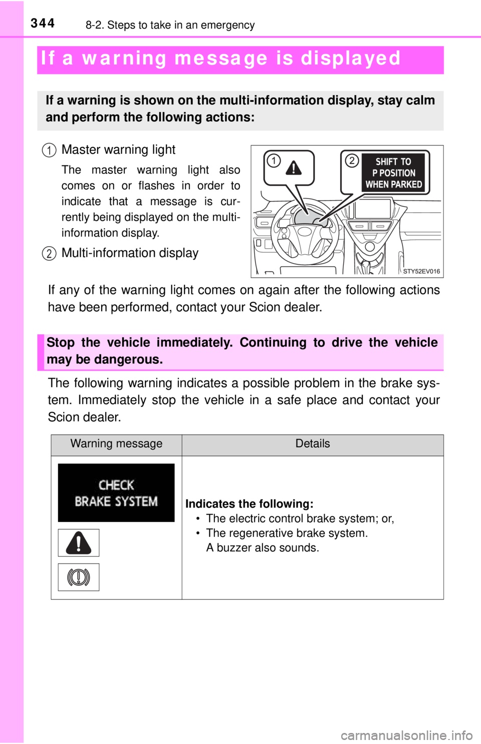 TOYOTA iQ EV 2013  Owners Manual (in English) 3448-2. Steps to take in an emergency
If a warning message is displayed
Master warning light
The master warning light also
comes on or flashes in order to
indicate that a message is cur-
rently being 
