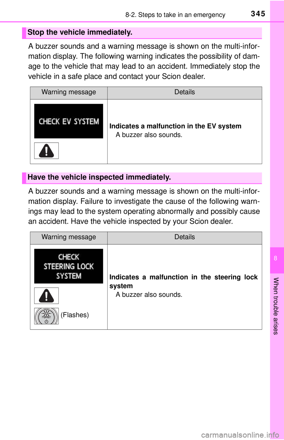 TOYOTA iQ EV 2013  Owners Manual (in English) 3458-2. Steps to take in an emergency
8
When trouble arises
A buzzer sounds and a warning message is shown on the multi-infor-
mation display. The following warning indicates the possibility of dam-
a