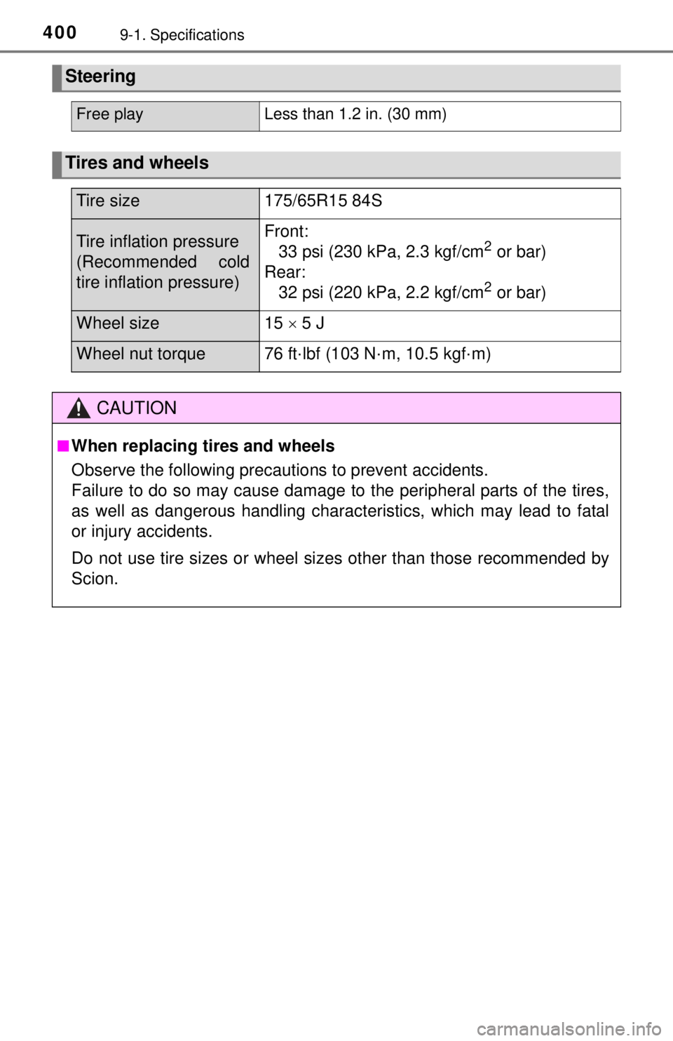 TOYOTA iQ EV 2013  Owners Manual (in English) 4009-1. Specifications
Steering
Free playLess than 1.2 in. (30 mm)
Tires and wheels
Tire size175/65R15 84S
Tire inflation pressure
(Recommended cold
tire inflation pressure)Front:33 psi (230 kPa, 2.3 