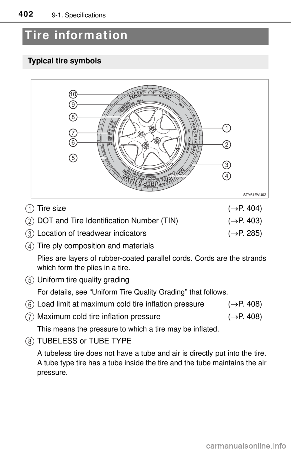 TOYOTA iQ EV 2013  Owners Manual (in English) 4029-1. Specifications
Tire infor mation
Tire size ( P. 404)
DOT and Tire Identification Number (TIN) ( P. 403)
Location of treadwear indicators ( P. 285)
Tire ply composition and materials
P