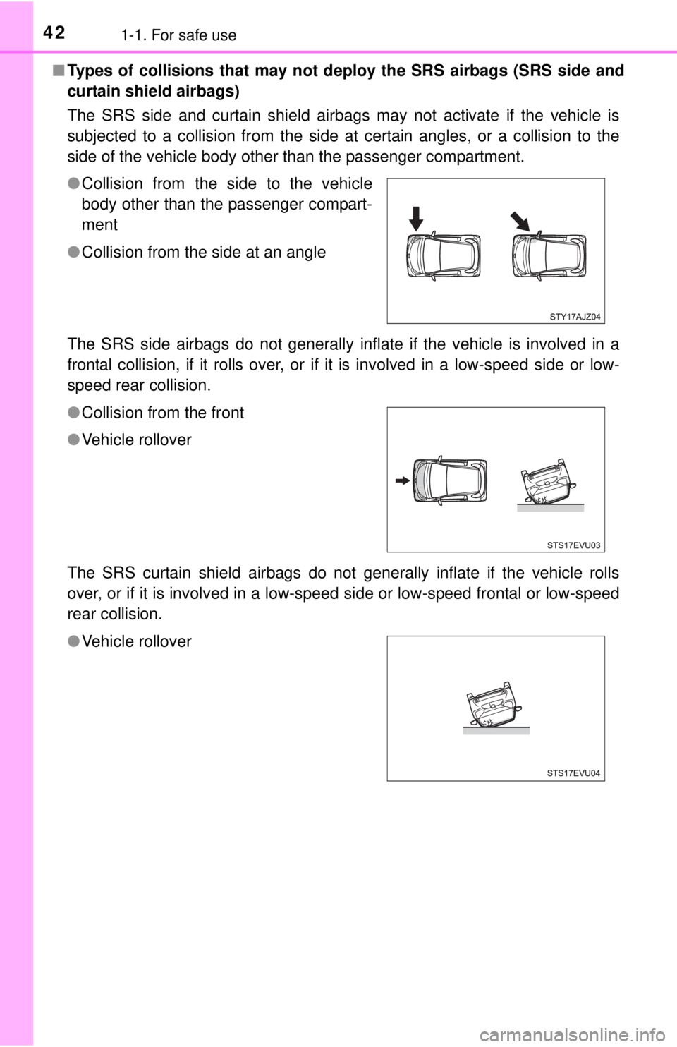 TOYOTA iQ EV 2013 (in English) Service Manual 421-1. For safe use
■Types of collisions that may not deploy the SRS airbags (SRS side and
curtain shield airbags)
The SRS side and curtain shield airbags may not activate if the vehicle is
subjecte TOYOTA iQ EV 2013 (in English) Service Manual 421-1. For safe use
■Types of collisions that may not deploy the SRS airbags (SRS side and
curtain shield airbags)
The SRS side and curtain shield airbags may not activate if the vehicle is
subjecte