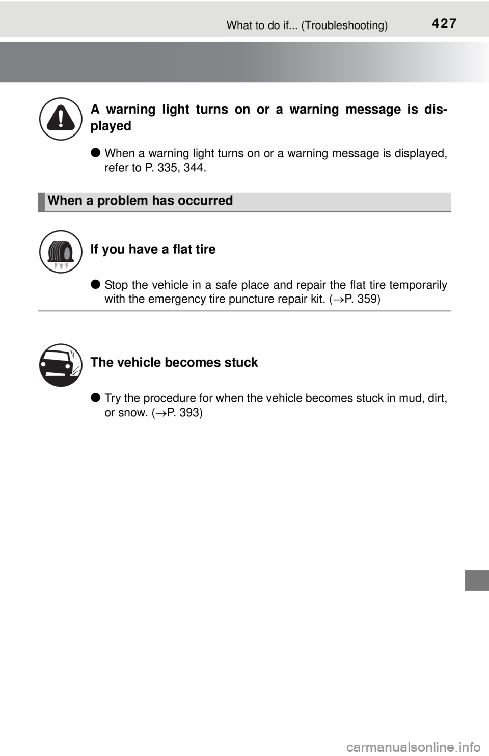 TOYOTA iQ EV 2013  Owners Manual (in English) 427What to do if... (Troubleshooting)
●When a warning light turns on or a warning message is displayed,
refer to P. 335, 344.
●Stop the vehicle in a safe place and repair the flat tire temporarily