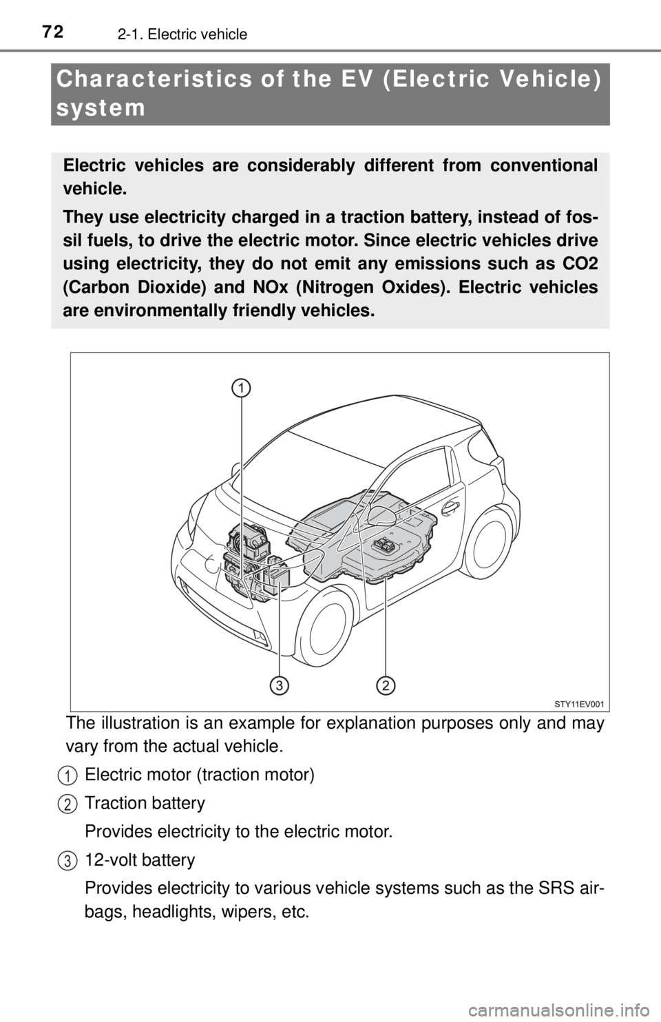 TOYOTA iQ EV 2013 (in English) Manual PDF 722-1. Electric vehicle
Characteristics of the EV (Electric Vehicle)
system
The illustration is an example for explanation purposes only and may
vary from the actual vehicle.Electric motor (traction TOYOTA iQ EV 2013 (in English) Manual PDF 722-1. Electric vehicle
Characteristics of the EV (Electric Vehicle)
system
The illustration is an example for explanation purposes only and may
vary from the actual vehicle.Electric motor (traction