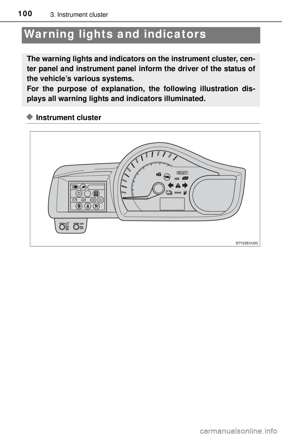 TOYOTA iQ EV 2013  Owners Manual (in English) 1003. Instrument cluster
War ning lights and indicators
◆Instrument cluster
The warning lights and indicators on the instrument cluster, cen-
ter panel and instrument panel inform the driver of the 
