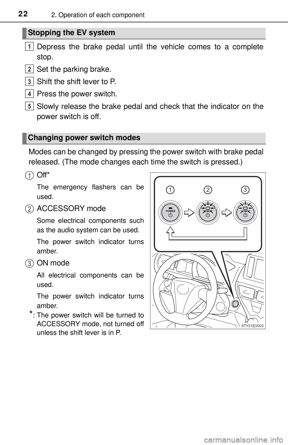 TOYOTA iQ EV 2013 (in English) Owners Manual 222. Operation of each component
Depress the brake pedal until the vehicle comes to a complete
stop.
Set the parking brake.
Shift the shift lever to P.
Press the power switch.
Slowly release the brake TOYOTA iQ EV 2013 (in English) Owners Manual 222. Operation of each component
Depress the brake pedal until the vehicle comes to a complete
stop.
Set the parking brake.
Shift the shift lever to P.
Press the power switch.
Slowly release the brake