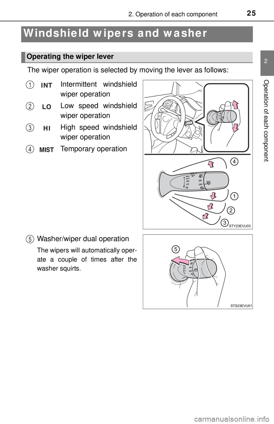 TOYOTA iQ EV 2013 (in English) Owners Manual 252. Operation of each component
2
Operation of each component
Windshield wipers and washer
The wiper operation is selected by moving the lever as follows:
Operating the wiper lever
Intermittent winds TOYOTA iQ EV 2013 (in English) Owners Manual 252. Operation of each component
2
Operation of each component
Windshield wipers and washer
The wiper operation is selected by moving the lever as follows:
Operating the wiper lever
Intermittent winds