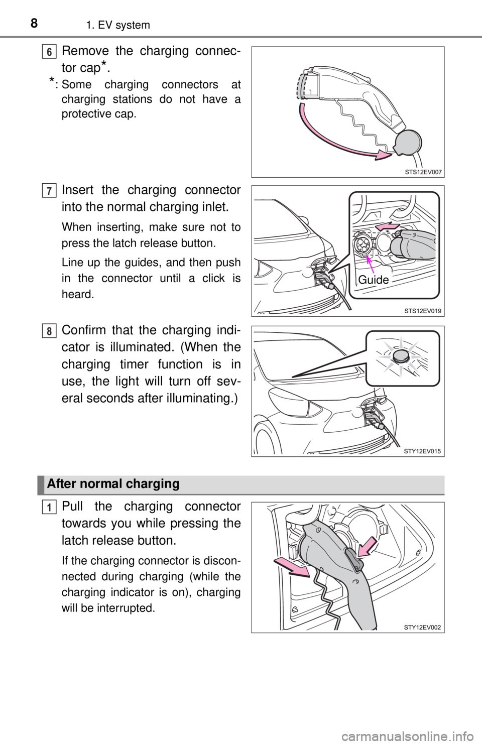 TOYOTA iQ EV 2013  Owners Manual (in English) 81. EV system
Remove the charging connec-
tor cap
*.
*: Some charging connectors at
charging stations do not have a
protective cap.
Insert the charging connector
into the normal charging inlet.
When i