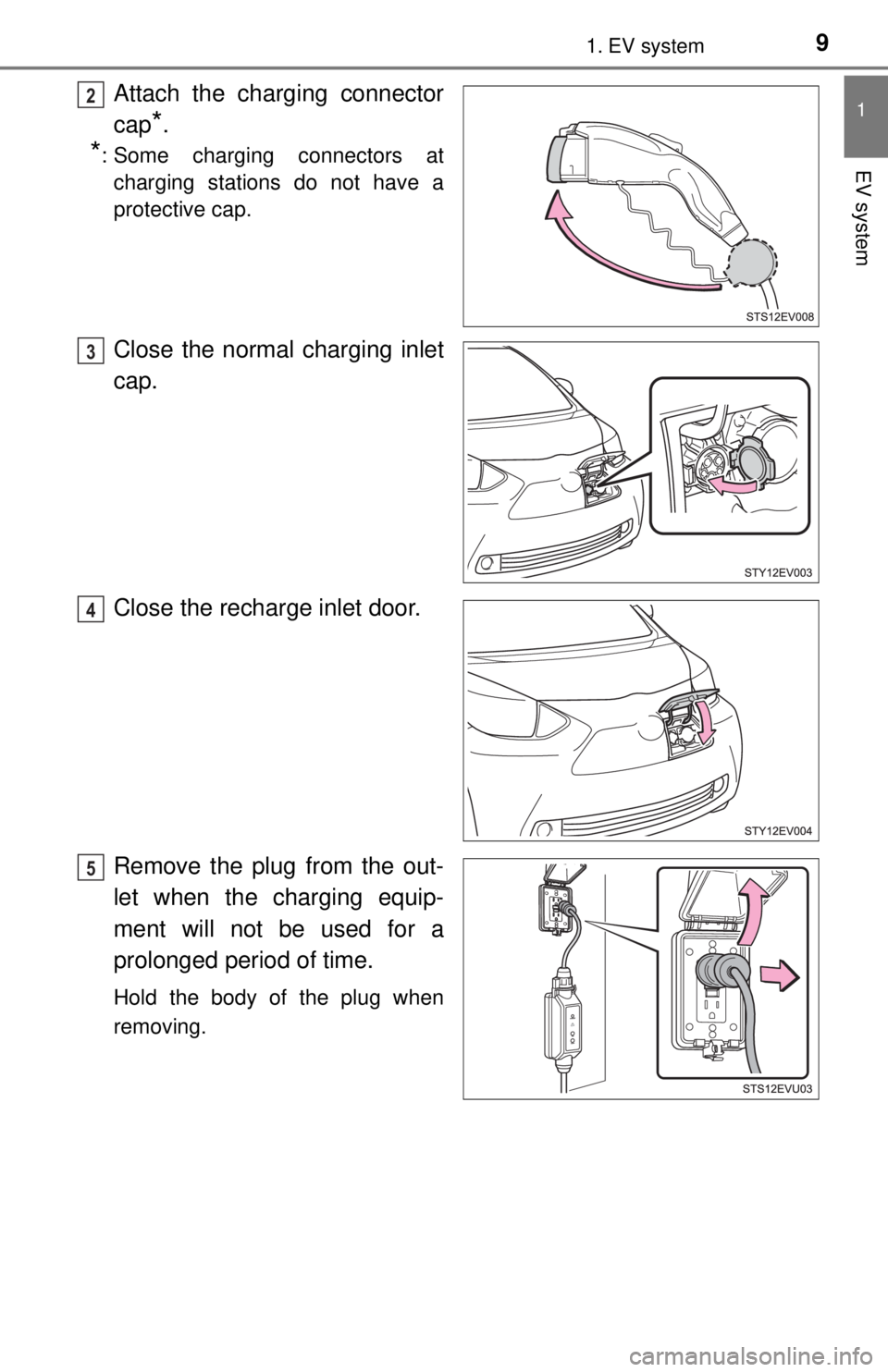 TOYOTA iQ EV 2013  Owners Manual (in English) 91. EV system
1
EV system
Attach the charging connector
cap
*.
*: Some charging connectors at
charging stations do not have a
protective cap.
Close the normal charging inlet
cap.
Close the recharge in