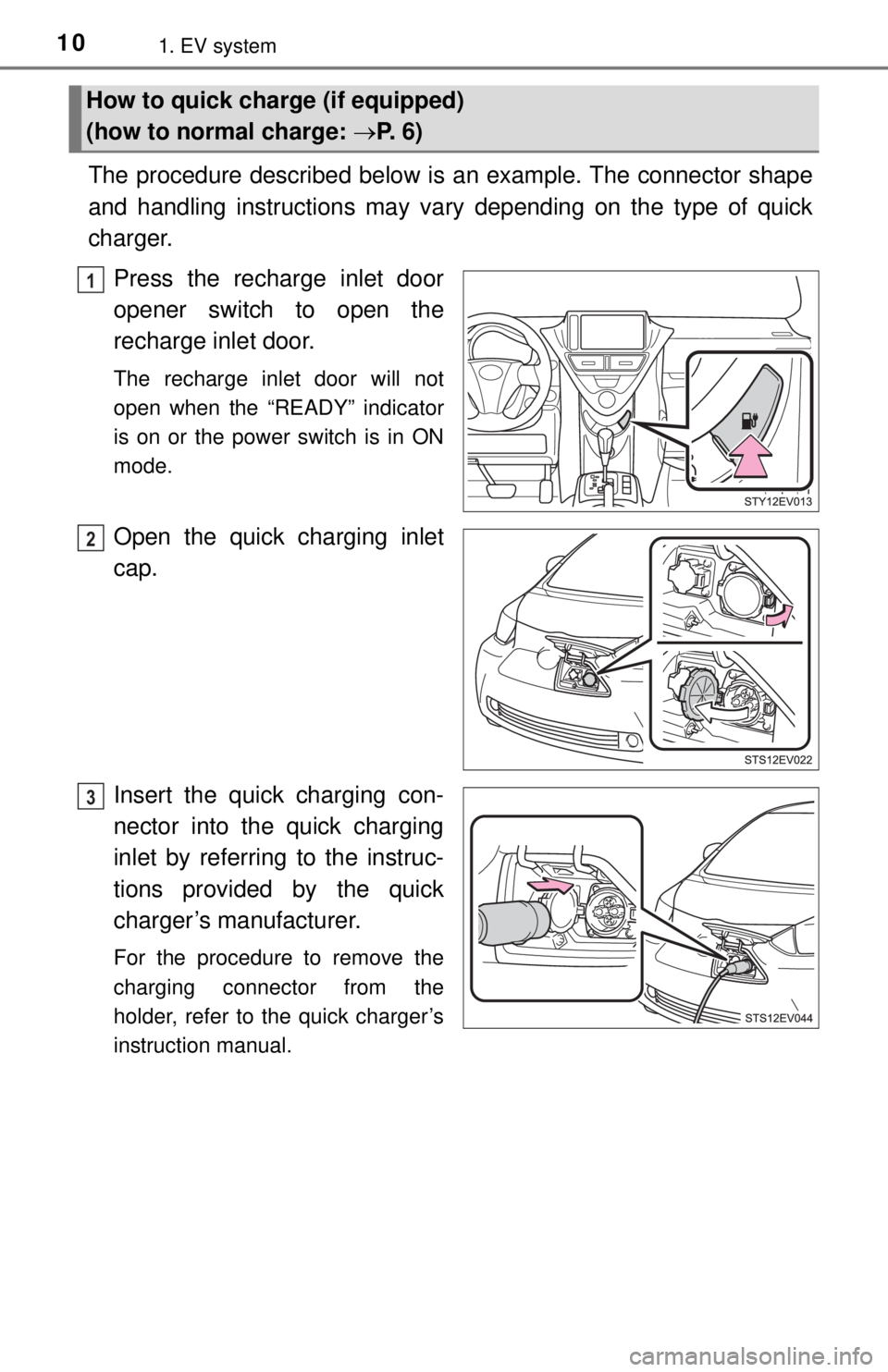 TOYOTA iQ EV 2013  Owners Manual (in English) 101. EV system
The procedure described below is an example. The connector shape
and handling instructions may vary depending on the type of quick
charger.
Press the recharge inlet door
opener switch t