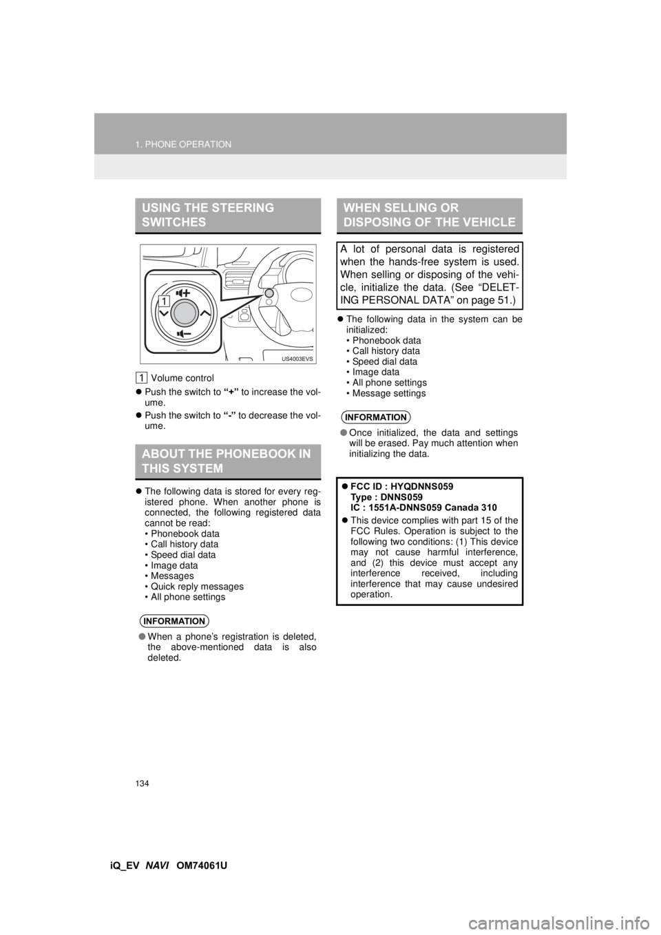 TOYOTA iQ EV 2013 Accessories, Audio & Navigation (in English) 134
1. PHONE OPERATION
iQ_EV NAVI OM74061U
Volume control
Push the switch to “+” to increase the vol-
ume.
Push the switch to “-” to decrease the vol-
ume.
The following data TOYOTA iQ EV 2013 Accessories, Audio & Navigation (in English) 134
1. PHONE OPERATION
iQ_EV NAVI OM74061U
Volume control
Push the switch to “+” to increase the vol-
ume.
Push the switch to “-” to decrease the vol-
ume.
The following data
