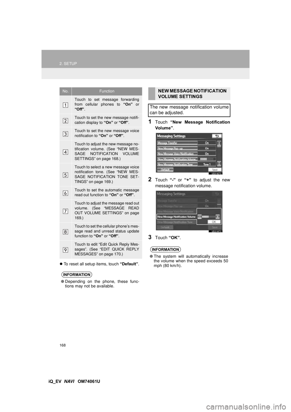 TOYOTA iQ EV 2013  Accessories, Audio & Navigation (in English) 168
2. SETUP
iQ_EV  NAVI   OM74061U
To reset all setup items, touch  “Default”.
1Touch “New  Message  Notification
Vo l u m e ” .
2Touch “-” or  “+” to adjust the new
message notifi