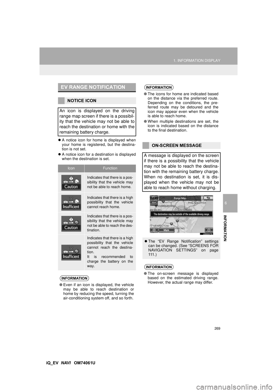 TOYOTA iQ EV 2013 Accessories, Audio & Navigation (in English) 269
1. INFORMATION DISPLAY
6
INFORMATION
iQ_EV NAVI OM74061U
A notice icon for home is displayed when
your home is registered, but the destina-
tion is not set.
A notice icon for a destinati TOYOTA iQ EV 2013 Accessories, Audio & Navigation (in English) 269
1. INFORMATION DISPLAY
6
INFORMATION
iQ_EV NAVI OM74061U
A notice icon for home is displayed when
your home is registered, but the destina-
tion is not set.
A notice icon for a destinati