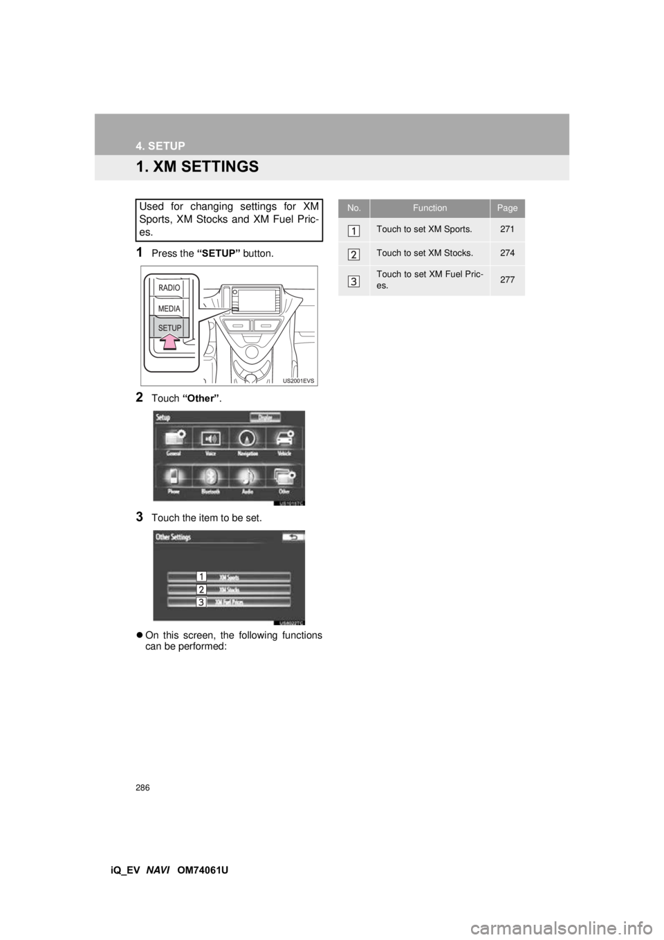 TOYOTA iQ EV 2013 Accessories, Audio & Navigation (in English) 286
iQ_EV NAVI OM74061U
4. SETUP
1. XM SETTINGS
1Press the “SETUP” button.
2Touch “Other” .
3Touch the item to be set.
On this screen, the following functions
can be performed:
Used fo TOYOTA iQ EV 2013 Accessories, Audio & Navigation (in English) 286
iQ_EV NAVI OM74061U
4. SETUP
1. XM SETTINGS
1Press the “SETUP” button.
2Touch “Other” .
3Touch the item to be set.
On this screen, the following functions
can be performed:
Used fo