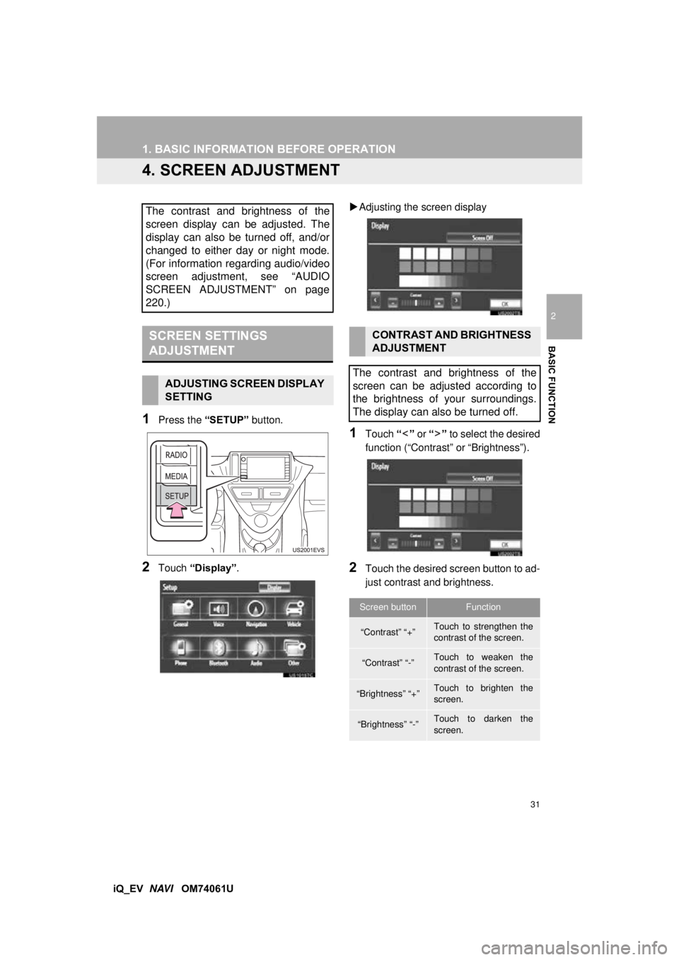 TOYOTA iQ EV 2013 Accessories, Audio & Navigation (in English) 31
1. BASIC INFORMATION BEFORE OPERATION
2
BASIC FUNCTION
iQ_EV NAVI OM74061U
4. SCREEN ADJUSTMENT
1Press the “SETUP” button.
2Touch “Display” .
Adjusting the screen display
1Touch TOYOTA iQ EV 2013 Accessories, Audio & Navigation (in English) 31
1. BASIC INFORMATION BEFORE OPERATION
2
BASIC FUNCTION
iQ_EV NAVI OM74061U
4. SCREEN ADJUSTMENT
1Press the “SETUP” button.
2Touch “Display” .
Adjusting the screen display
1Touch