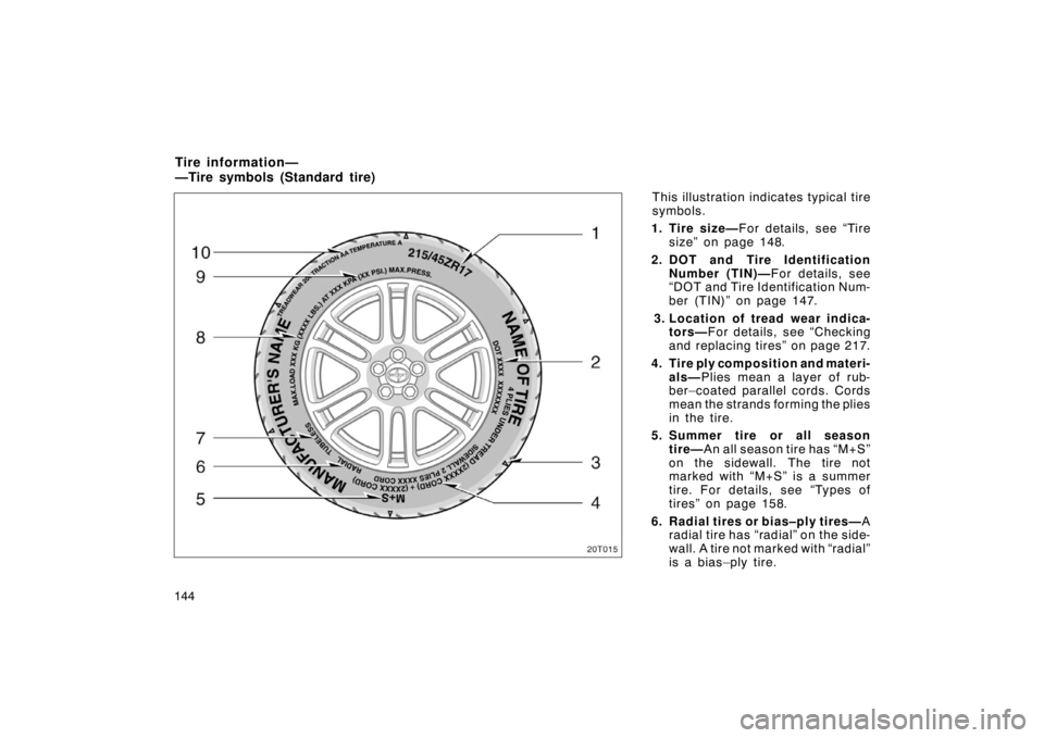 TOYOTA tC 2005  Owners Manual (in English) 144This illustration indicates typical tire
symbols.
1. Tire size— For details, see “Tire
size” on page 148.
2. DOT and  Tire Identification Number (TIN)— For details, see
“DOT and Tire Iden