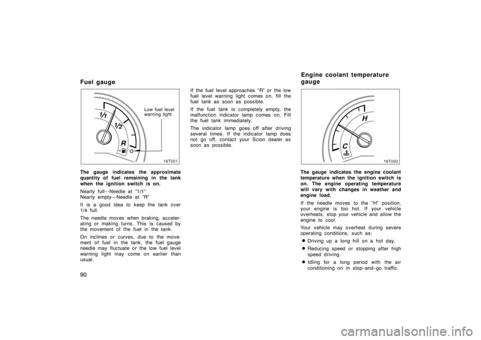 TOYOTA tC 2005  Owners Manual (in English) 90
Fuel gauge
16T001
Low fuel level
warning light
The gauge indicates the approximate
quantity of fuel remaining in the tank
when the ignition switch is on.
Nearly full—Needle at “1/1”
Nearly em