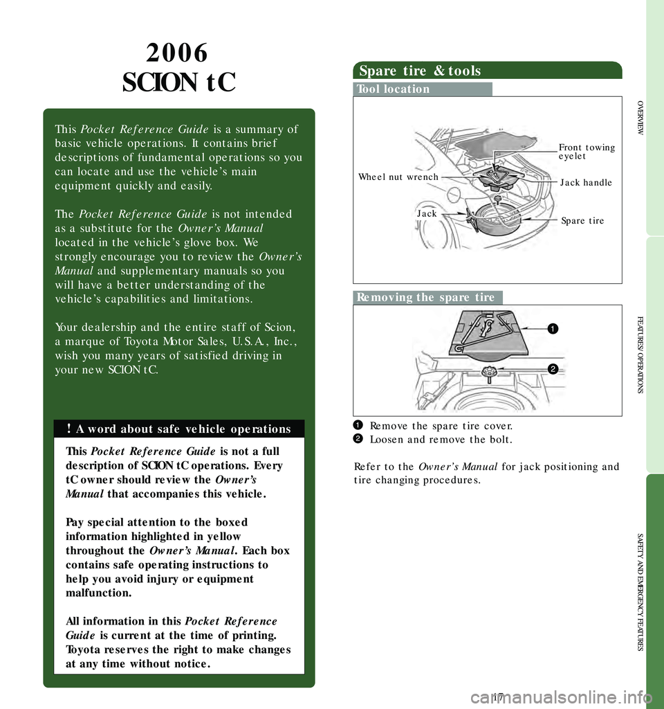 TOYOTA tC 2006  Owners Manual (in English) 2006 
SCION tC
!A word about safe vehicle operations
This 
Pocket Reference Guide is a summary of
basic vehicle operations. It contains brief
descriptions of fundamental operations so you
can locate a