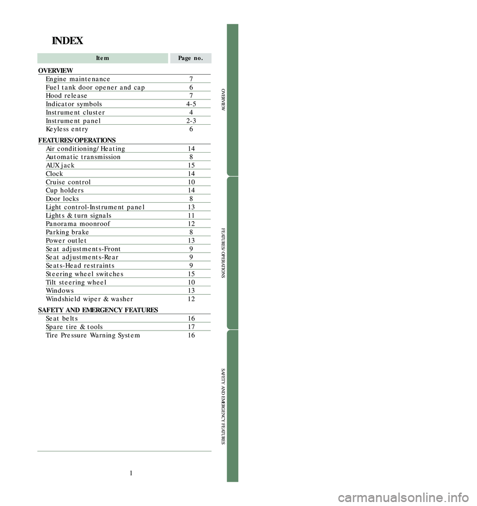 TOYOTA tC 2006  Owners Manual (in English) 1
OVERVIEW
FEATURES/OPERATIONS
SAFETY AND EMERGENCY FEATURES
INDEX
ItemPage no.
OVERVIEW
Engine maintenance7
Fuel tank door opener and cap6
Hood release7
Indicator symbols4�5
Instrument cluster 4
Inst