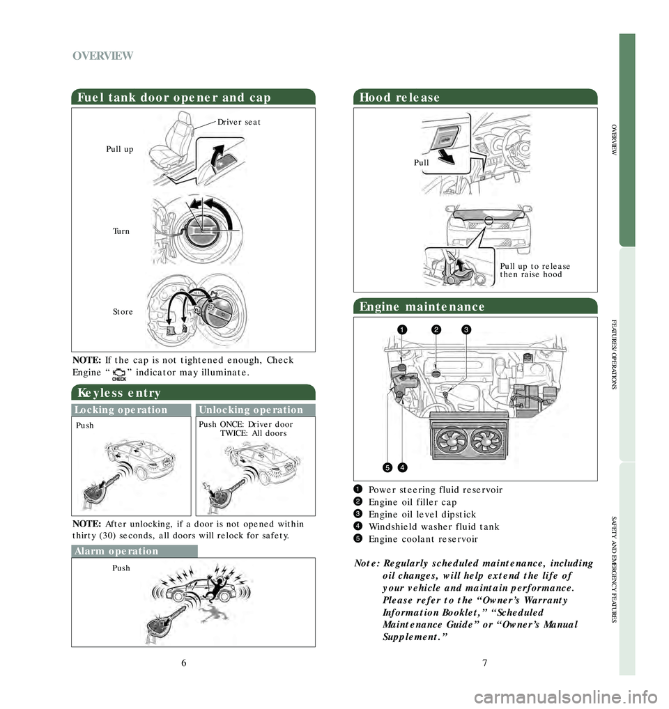 TOYOTA tC 2006  Owners Manual (in English) Alarm operation
7
OVERVIEW
FEATURES/OPERATIONS
SAFETY AND EMERGENCY FEATURES
6
OVERVIEW
Hood release
Pull
Pull up to release
then raise hood
Keyless entry
NOTE:After unlocking, if a door is not opened