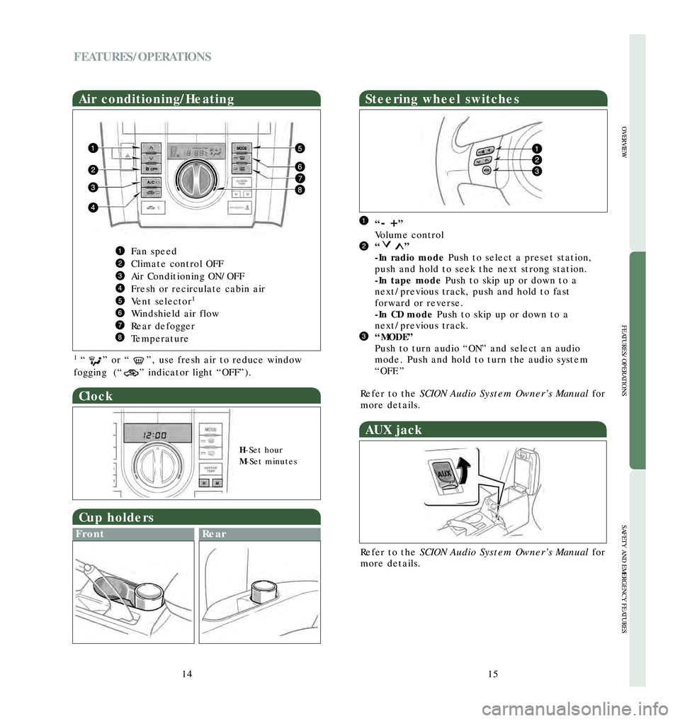 TOYOTA tC 2006  Owners Manual (in English) 15
OVERVIEW
FEATURES/OPERATIONS
SAFETY AND EMERGENCY FEATURES
14
FEATURES/OPERATIONS
Clock 
H�Set hour
M�Set minutes
Cup holders
FrontRear
Air conditioning/Heating
Fan speed
Climate control OFF
Air Co