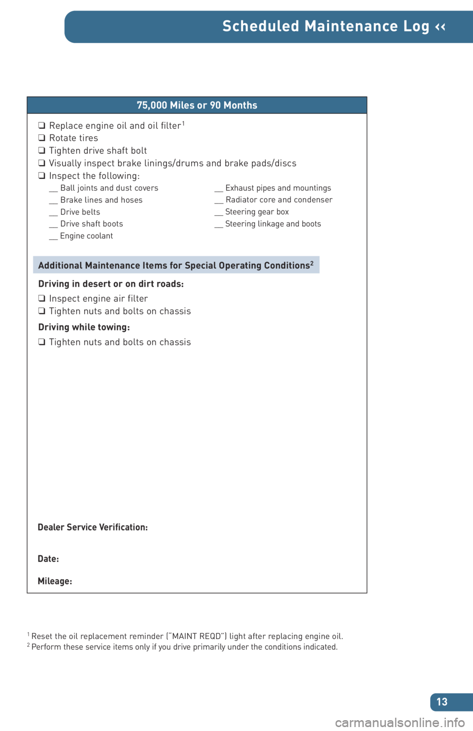 TOYOTA tC 2006 Warranties & Maintenance Guides (in English)
13
Scheduled Maintenance Log ‹‹
1 Reset the oil replacement reminder (“MAINT REQD”) light after replacing engine oil.2 Perform these service items only if you drive primarily under the condit TOYOTA tC 2006 Warranties & Maintenance Guides (in English)
13
Scheduled Maintenance Log ‹‹
1 Reset the oil replacement reminder (“MAINT REQD”) light after replacing engine oil.2 Perform these service items only if you drive primarily under the condit