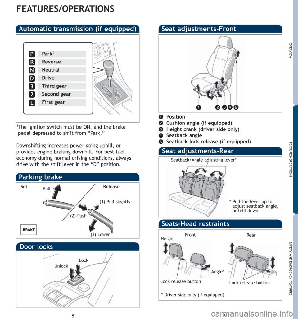 TOYOTA tC 2007  Owners Manual (in English) 9
OVERVIEW
FEATURES/OPERATIONS
SAFETY AND EMERGENCY FEATURES
8
FEATURES/OPERATIONS
Automatic transmission (if equipped)
Park1
Reverse
Neutral
Drive
P
R
N
D
Third gear
Second gear
First gear
1The ignit