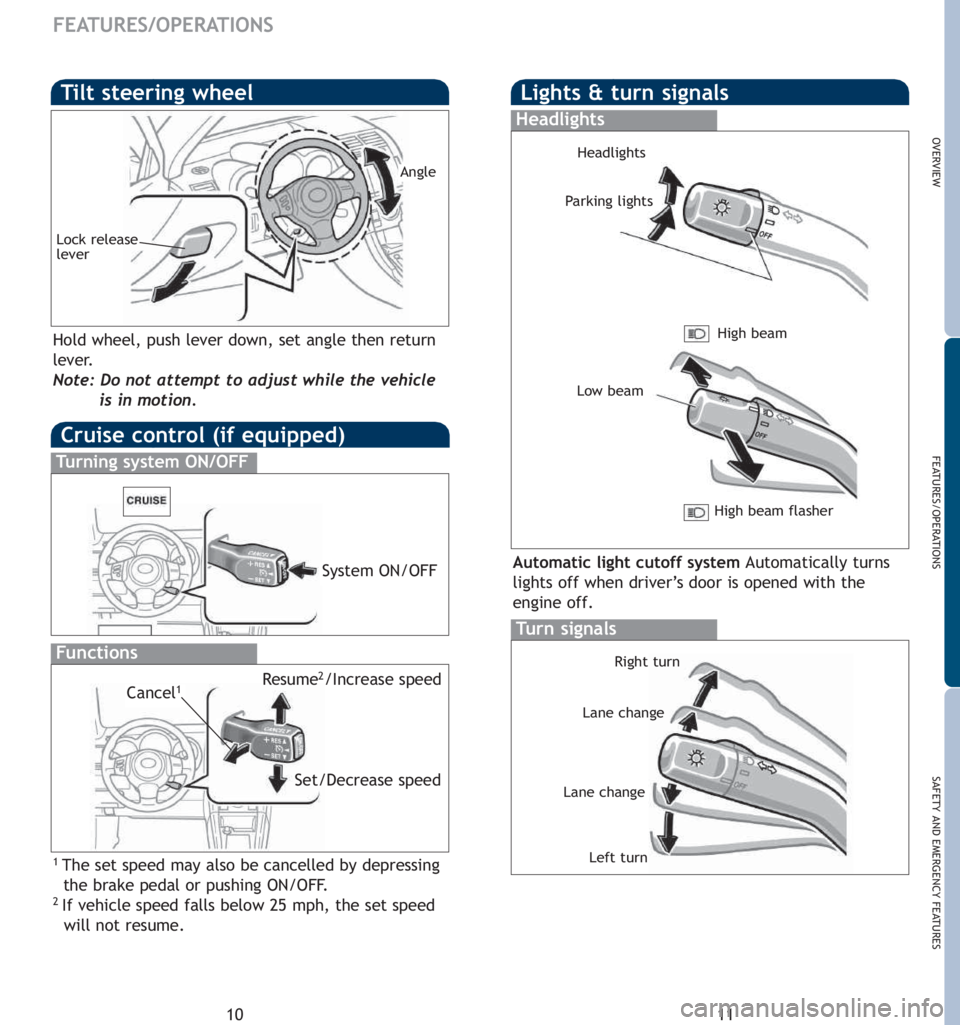 TOYOTA tC 2007  Owners Manual (in English) 11
OVERVIEW
FEATURES/OPERATIONS
SAFETY AND EMERGENCY FEATURES
10
FEATURES/OPERATIONS
Tilt steering wheel
Lock release 
lever
Angle
Hold wheel, push lever down, set angle then return
lever.
Note: Do no