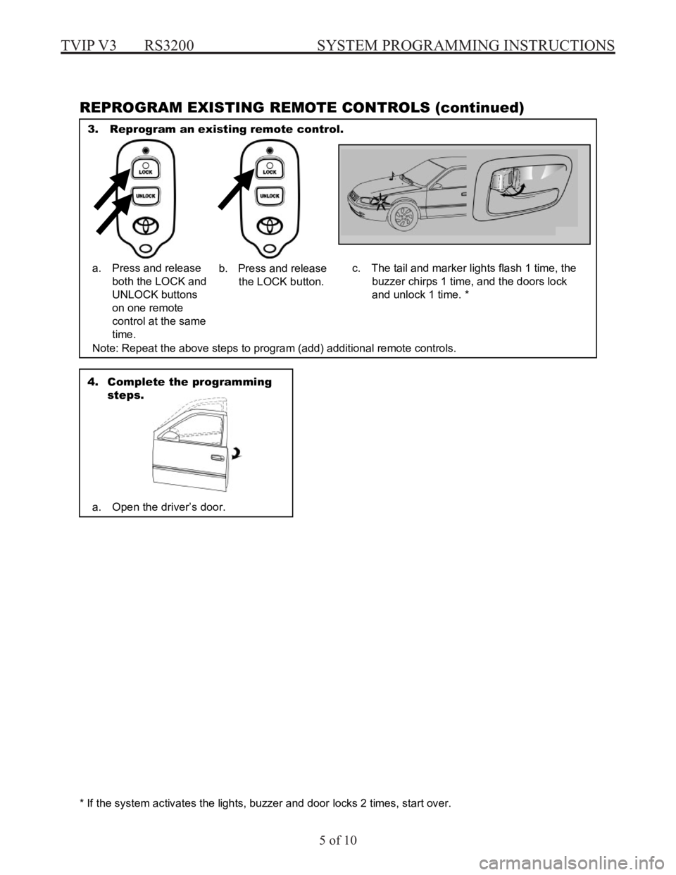 TOYOTA tC 2007  Accessories, Audio & Navigation (in English) TVIP V3  RS3200  SYSTEM PROGRAMMING INSTRUCTIONS
5 of 10
 
5
 
e
g
a
P
 
G
N
I
M
M
A
R
G
O
R
P
 
M
E
T
S
Y
S
 
P
I
V
T
 
A
T
O
Y
O
T
 
 
REPROGRA M EXISTING REM OTE CON TROLS (continued)  
 
 
 
 
 
 