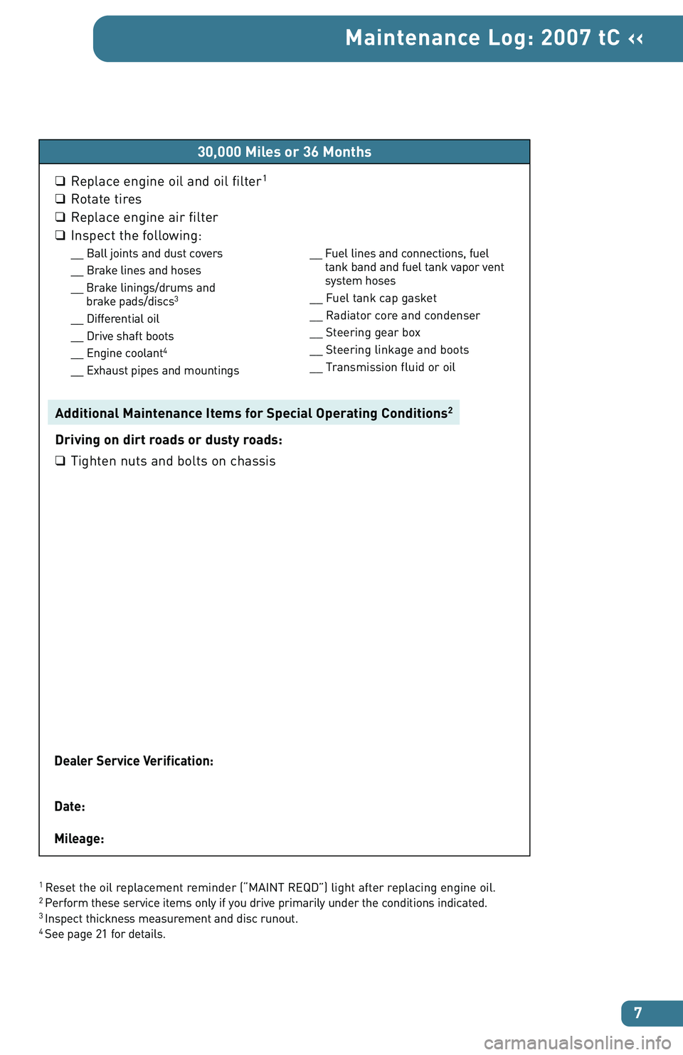 TOYOTA tC 2007  Warranties & Maintenance Guides (in English) 7
Maintenance Log: 2007 tC ‹‹
1Reset the oil replacement reminder (“MAINT REQD”) light after replacing engine oil.2Perform these service items only if you drive primarily under the conditions 