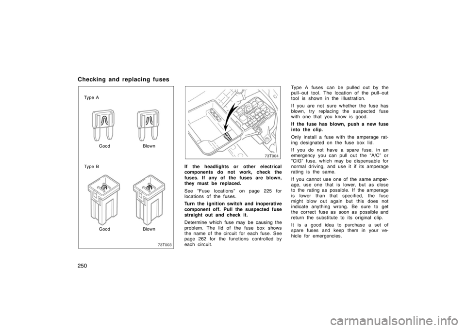 TOYOTA tC 2008  Owners Manual (in English) 250
Checking and replacing fuses
Ty p e AGood Blown
Ty p e B
Good Blown
If the headlights or  other electrical
components do not work, check the
fuses. If  any of  the fuses are blown,
they must be re