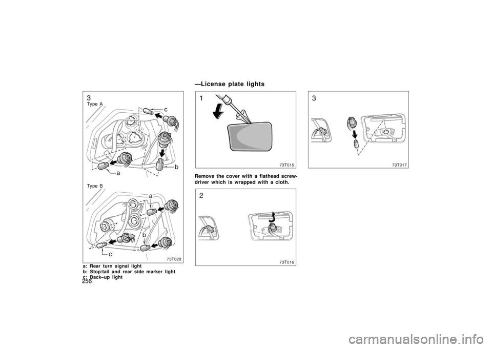 TOYOTA tC 2008 Owners Manual (in English) 256
Ty p e A
Ty p e B
a: Rear turn signal light
b: Stop/tail and rear side marker light
c: Back–up light
—License plate lights
73T015
Remove the cover with a flathead screw-
driver which is wrappe TOYOTA tC 2008 Owners Manual (in English) 256
Ty p e A
Ty p e B
a: Rear turn signal light
b: Stop/tail and rear side marker light
c: Back–up light
—License plate lights
73T015
Remove the cover with a flathead screw-
driver which is wrappe