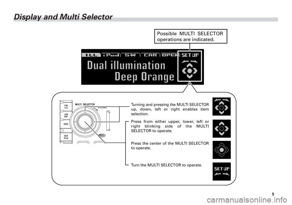 TOYOTA tC 2008  Accessories, Audio & Navigation (in English) 5
Display and Multi Selector
Turning and pressing the MULTI SELECTOR up, down, left or right enables item 
selection.
Press from either upper, lower, left or 
right blinking side of the MULTI 
SELECTO