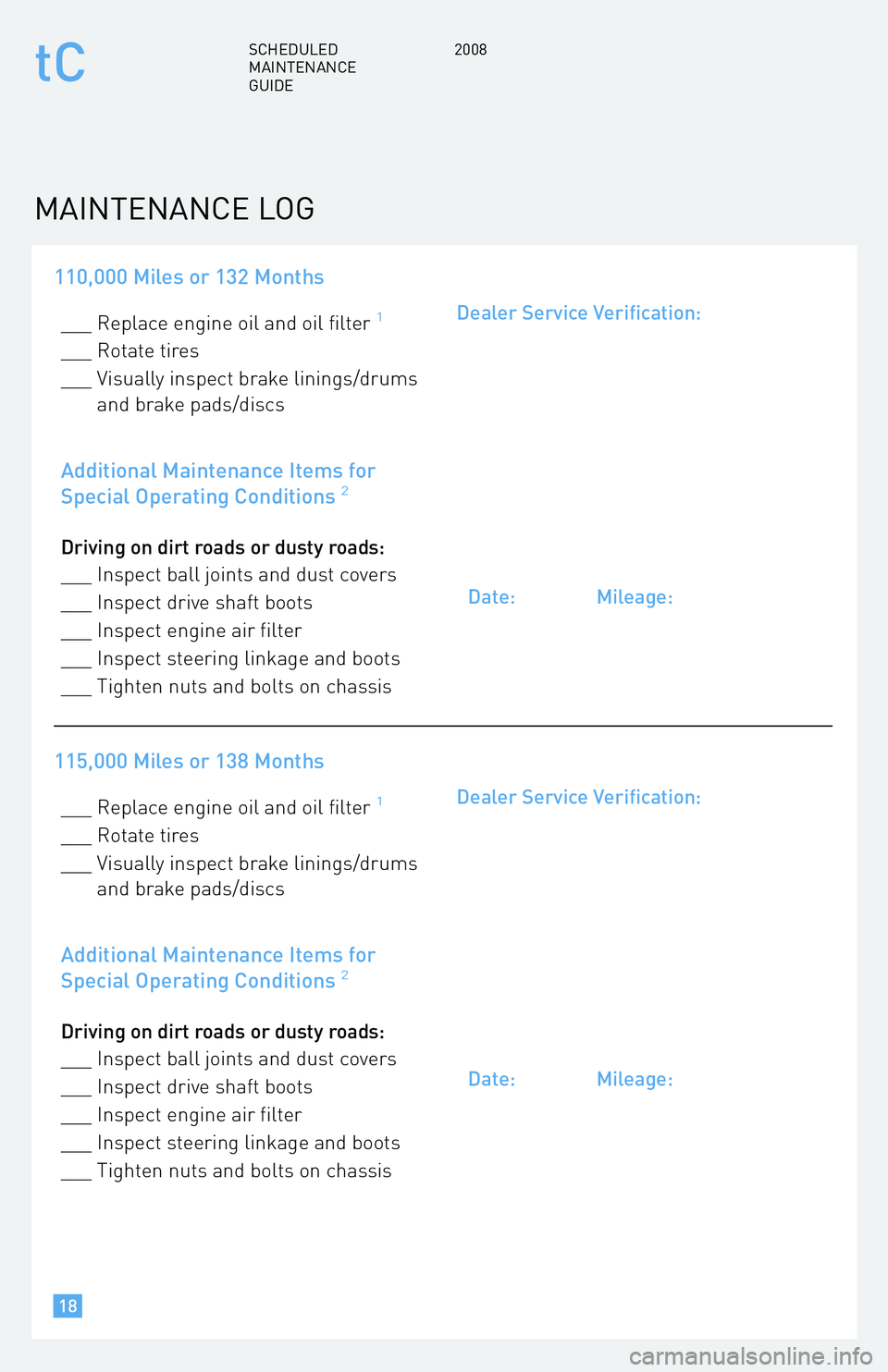 TOYOTA tC 2008 Warranties & Maintenance Guides (in English) 110,000 Miles or 132 Months
___ Replace engine oil and oil filter1
___ Rotate tires
___ Visually inspect brake linings/drums and brake pads/discs
Additional Maintenance Items for
Special Operating C TOYOTA tC 2008 Warranties & Maintenance Guides (in English) 110,000 Miles or 132 Months
___ Replace engine oil and oil filter1
___ Rotate tires
___ Visually inspect brake linings/drums and brake pads/discs
Additional Maintenance Items for
Special Operating C